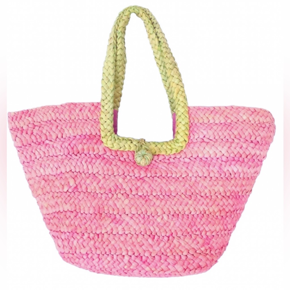 Large Natural Straw Beach Tote Bag Pink and Green Shopper Summer Handbag